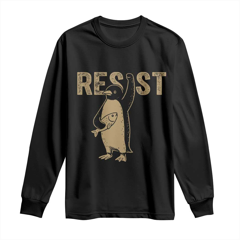 Funny Penguin Resist Long Sleeve Shirt Against Tariffs Activism Vintage TS02 Black Print Your Wear