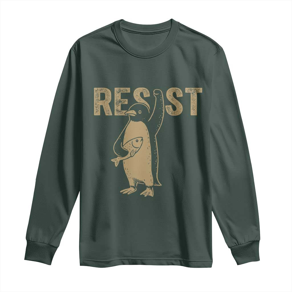 Funny Penguin Resist Long Sleeve Shirt Against Tariffs Activism Vintage TS02 Dark Forest Green Print Your Wear