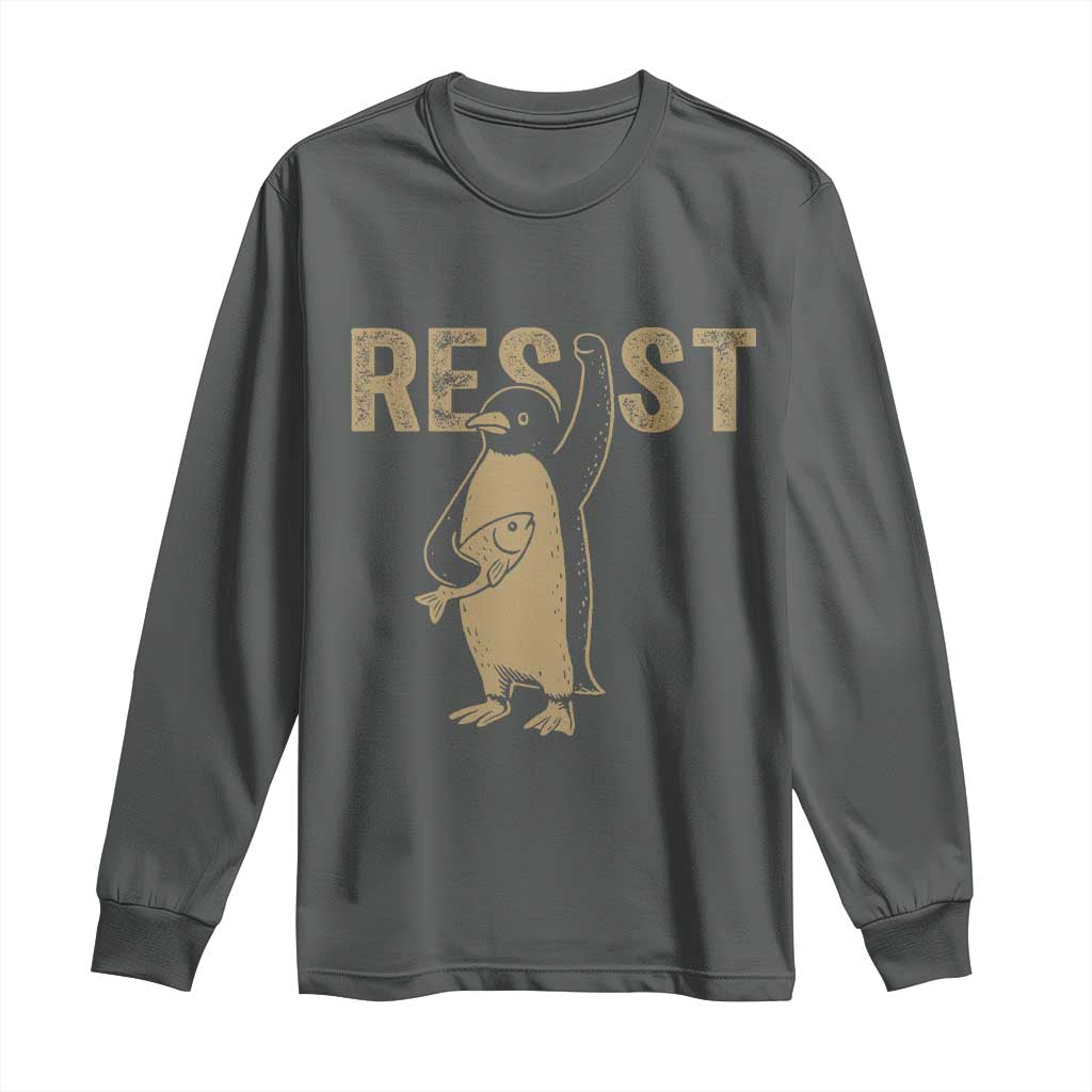 Funny Penguin Resist Long Sleeve Shirt Against Tariffs Activism Vintage TS02 Dark Heather Print Your Wear