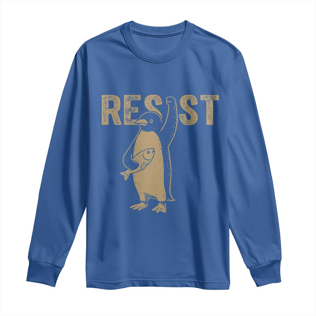 Funny Penguin Resist Long Sleeve Shirt Against Tariffs Activism Vintage TS02 Royal Blue Print Your Wear