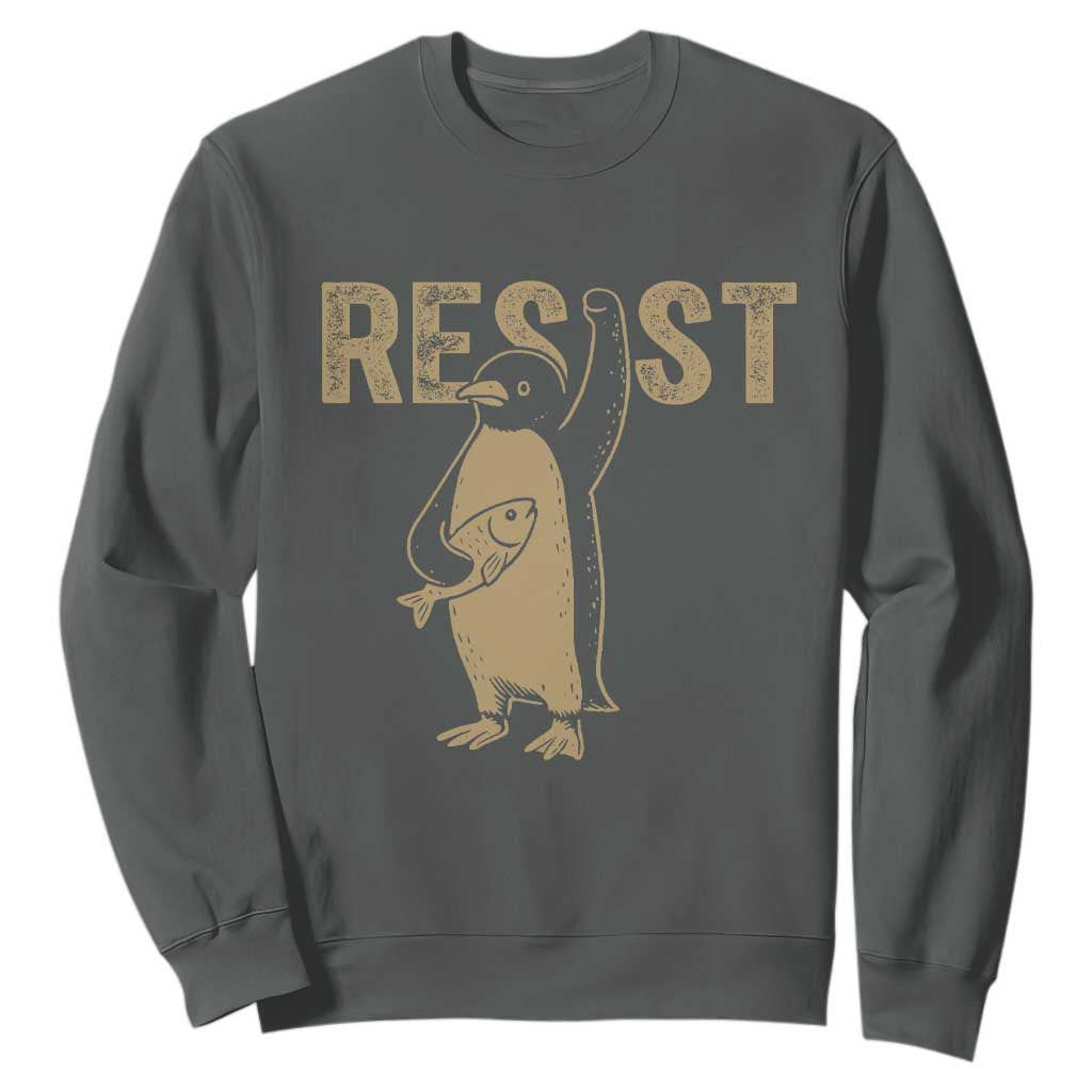 Funny Penguin Resist Sweatshirt Against Tariffs Activism Vintage TS02 Dark Heather Print Your Wear