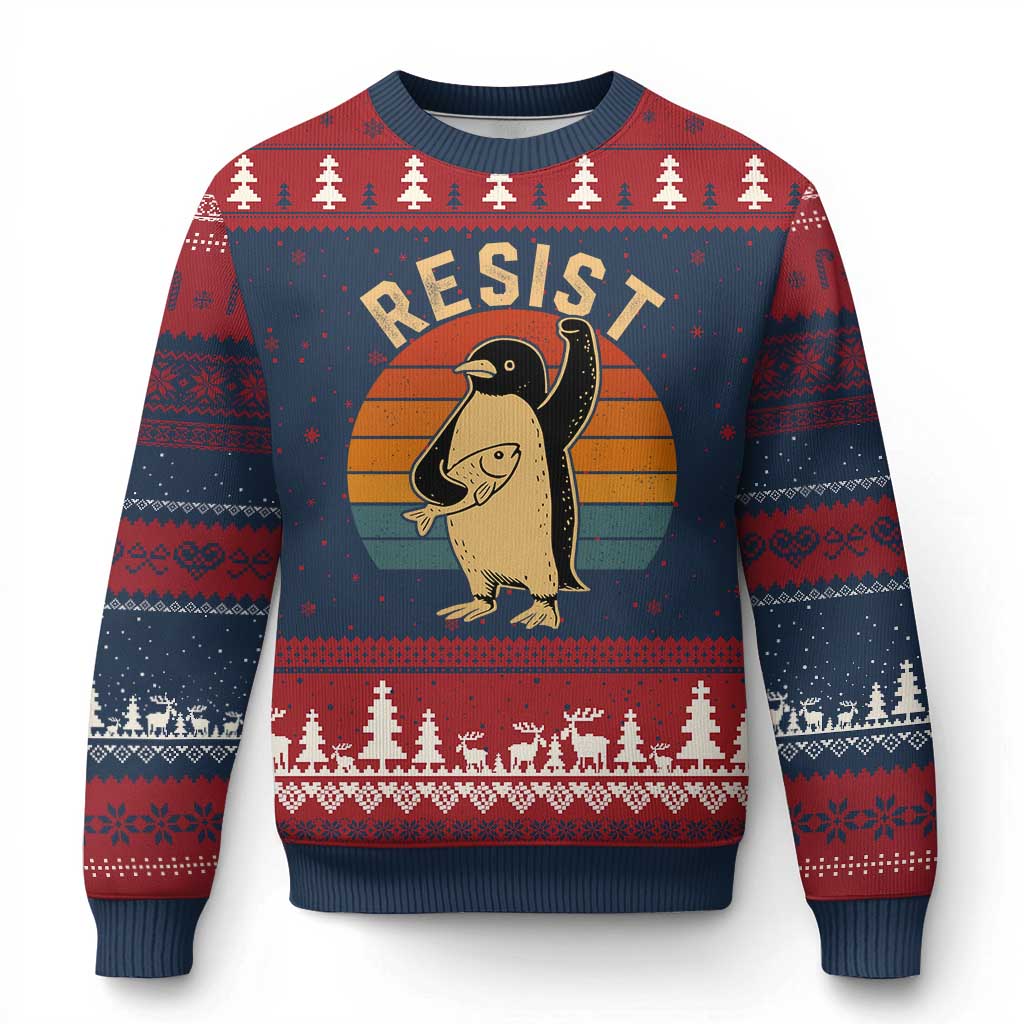Funny Penguin Resist Ugly Christmas Sweater Against Tariffs Retro Vintage TS02 Navy Red Print Your Wear