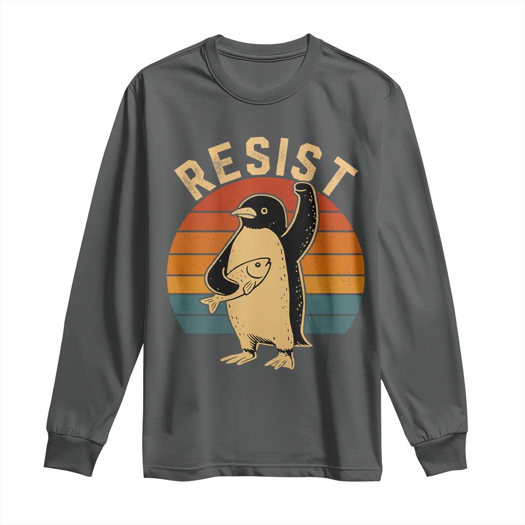 Funny Penguin Resist Long Sleeve Shirt Against Tariffs Retro Vintage TS02 Dark Heather Print Your Wear