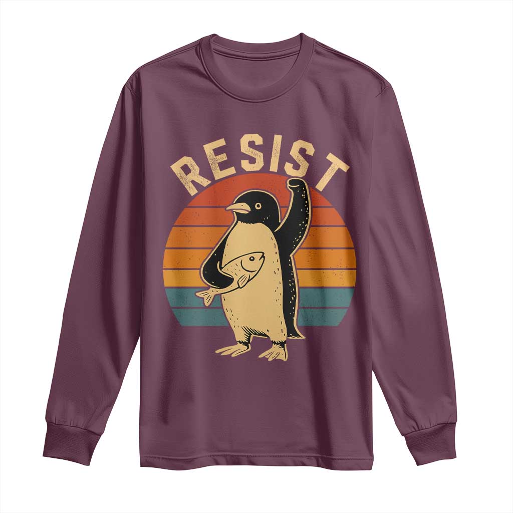 Funny Penguin Resist Long Sleeve Shirt Against Tariffs Retro Vintage TS02 Maroon Print Your Wear