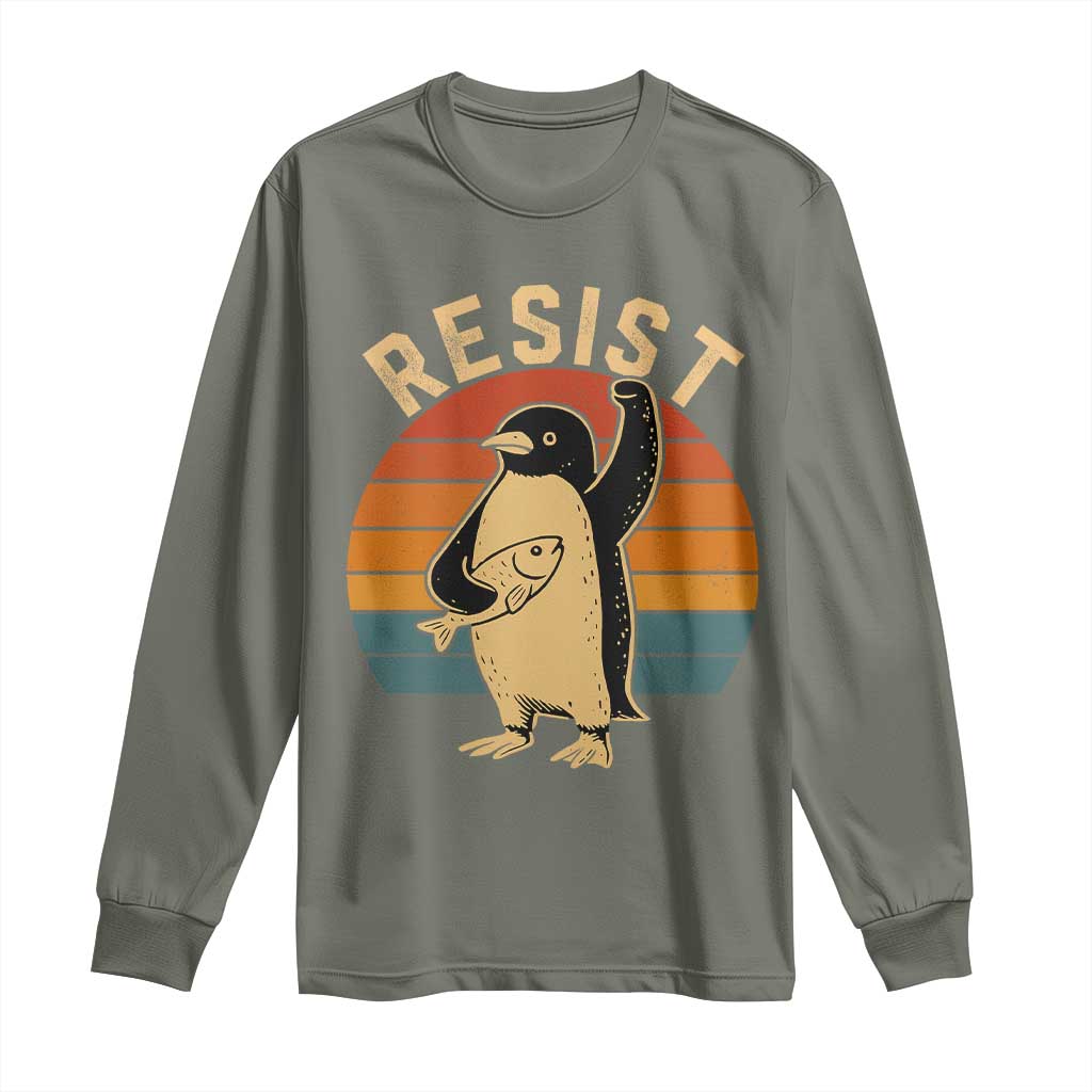 Funny Penguin Resist Long Sleeve Shirt Against Tariffs Retro Vintage TS02 Military Green Print Your Wear