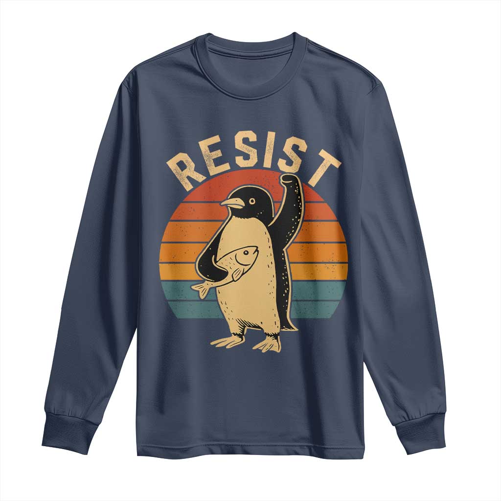 Funny Penguin Resist Long Sleeve Shirt Against Tariffs Retro Vintage TS02 Navy Print Your Wear