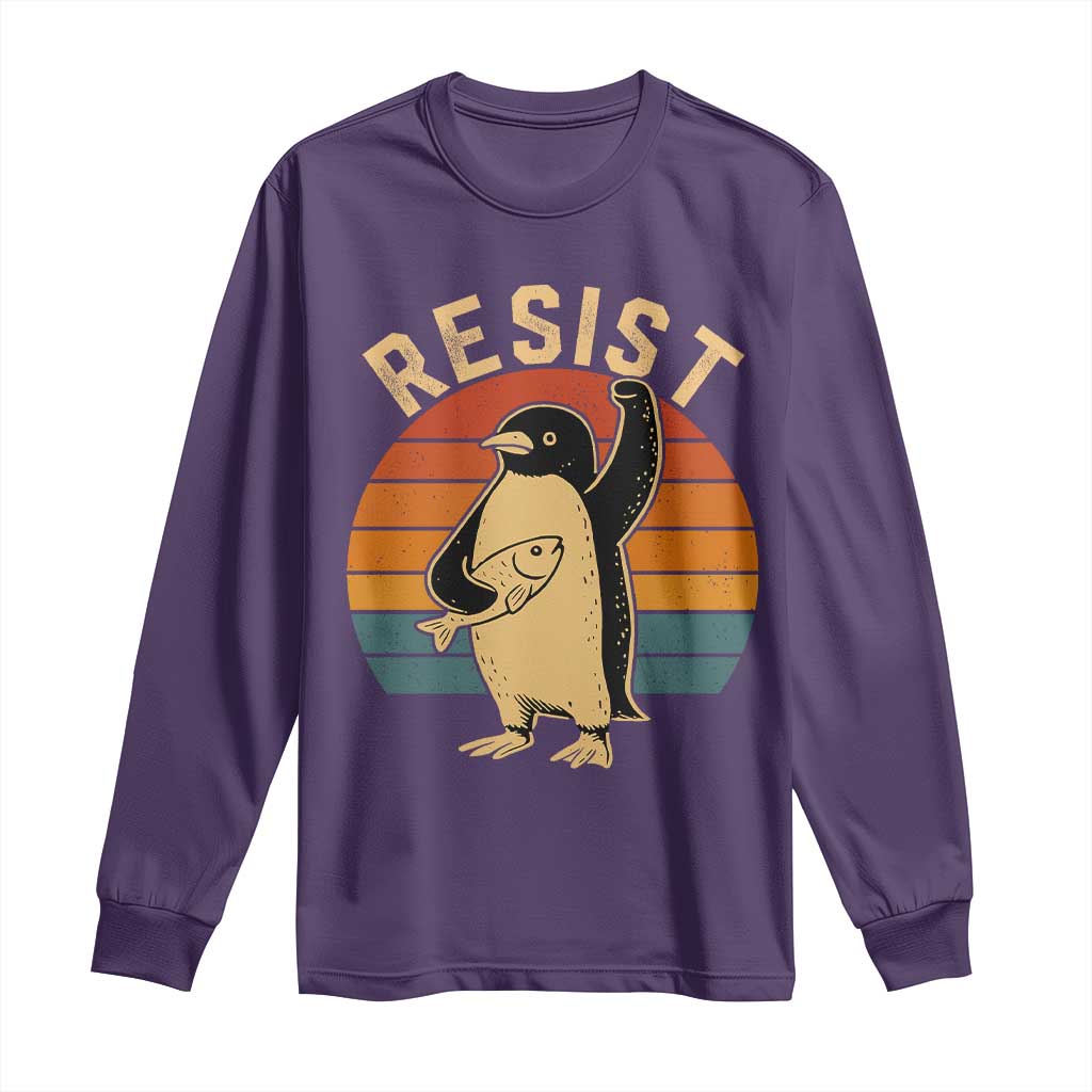 Funny Penguin Resist Long Sleeve Shirt Against Tariffs Retro Vintage TS02 Purple Print Your Wear