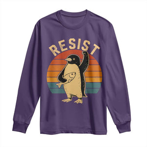 Funny Penguin Resist Long Sleeve Shirt Against Tariffs Retro Vintage TS02 Purple Print Your Wear