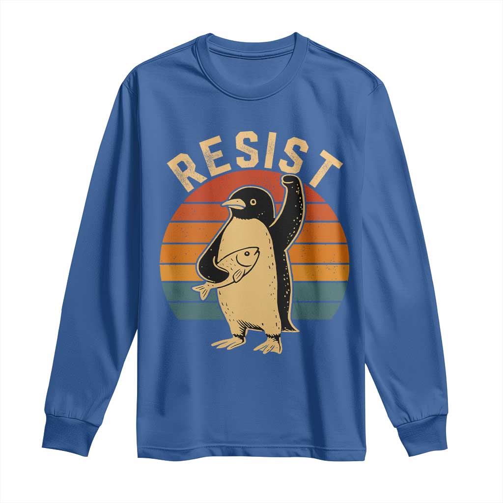 Funny Penguin Resist Long Sleeve Shirt Against Tariffs Retro Vintage TS02 Royal Blue Print Your Wear