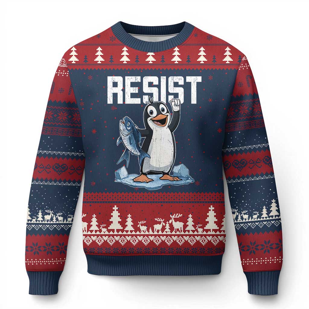 Funny Penguin Resist Ugly Christmas Sweater Against Tariffs Protest TS02 Navy Red Print Your Wear