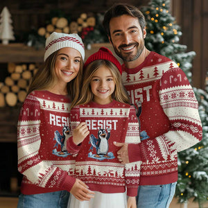 Funny Penguin Resist Ugly Christmas Sweater Against Tariffs Protest TS02 Red Beige Print Your Wear
