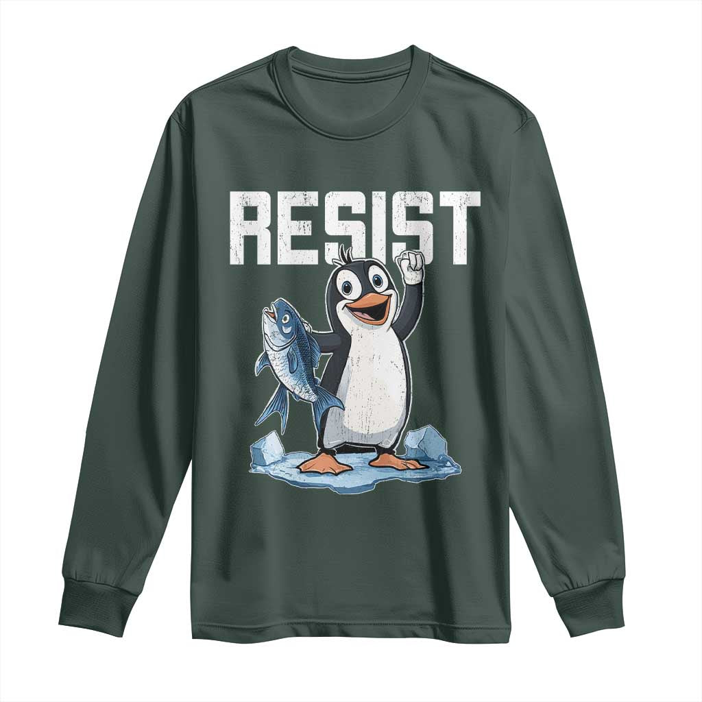 Funny Penguin Resist Long Sleeve Shirt Against Tariffs Protest TS02 Dark Forest Green Print Your Wear