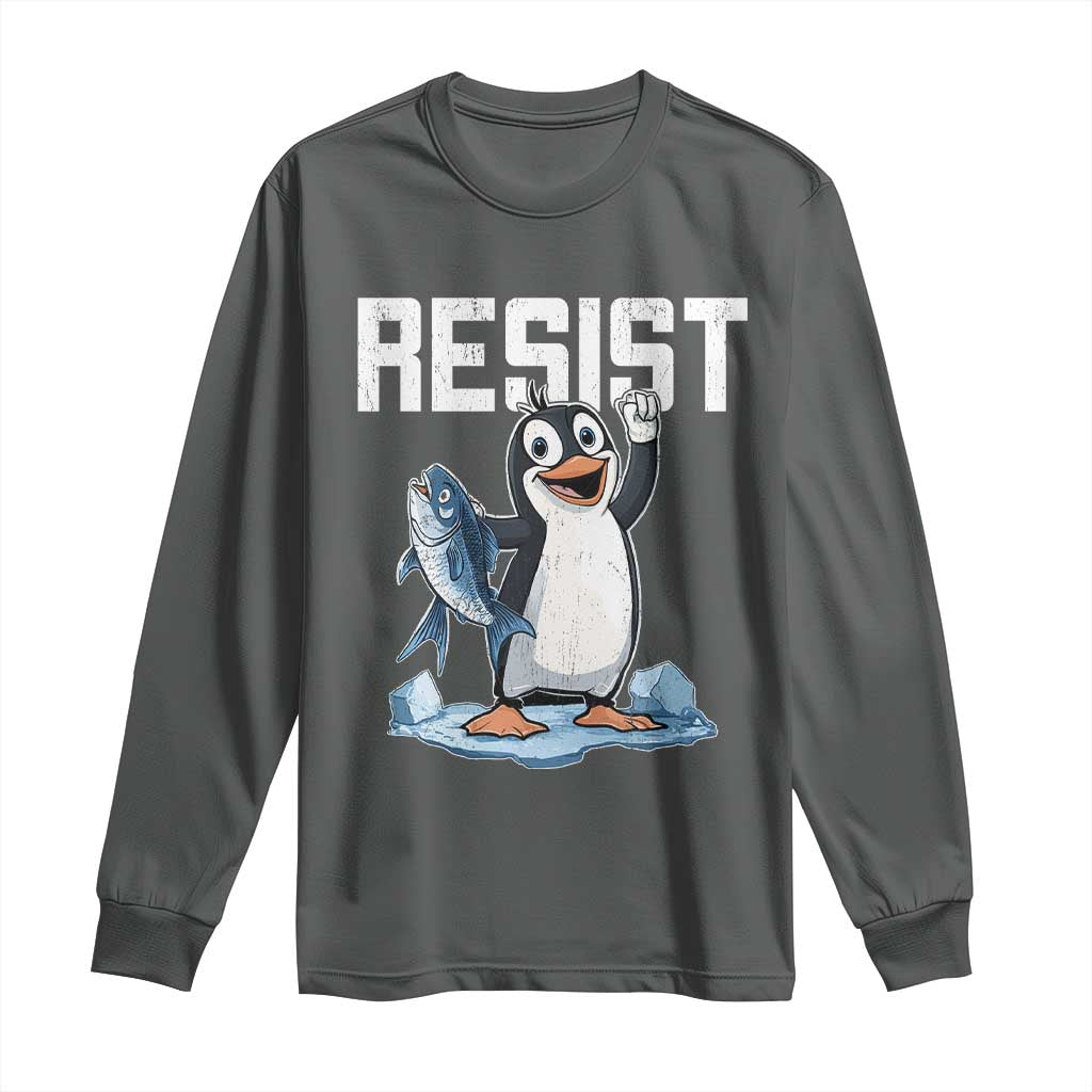 Funny Penguin Resist Long Sleeve Shirt Against Tariffs Protest TS02 Dark Heather Print Your Wear