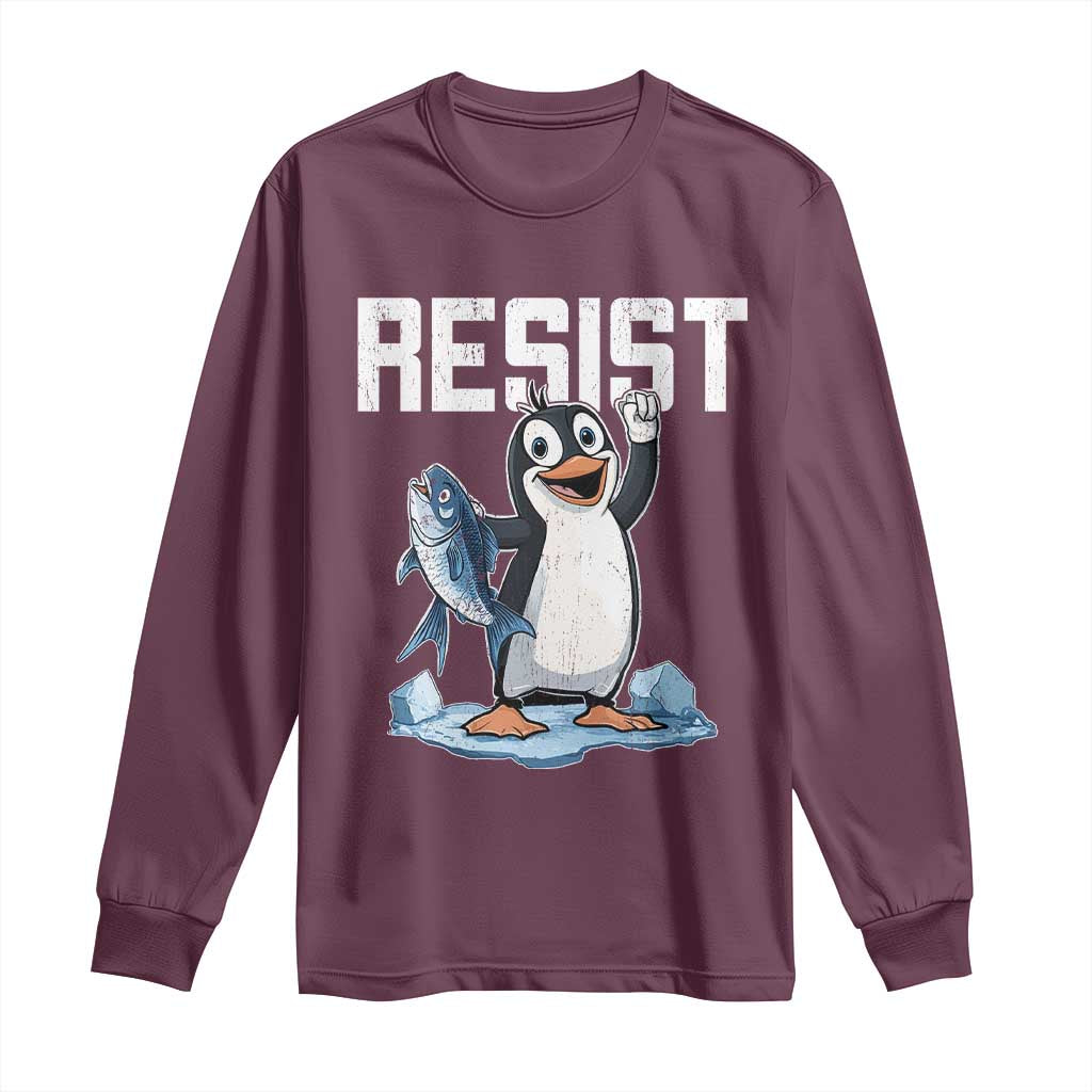 Funny Penguin Resist Long Sleeve Shirt Against Tariffs Protest TS02 Maroon Print Your Wear