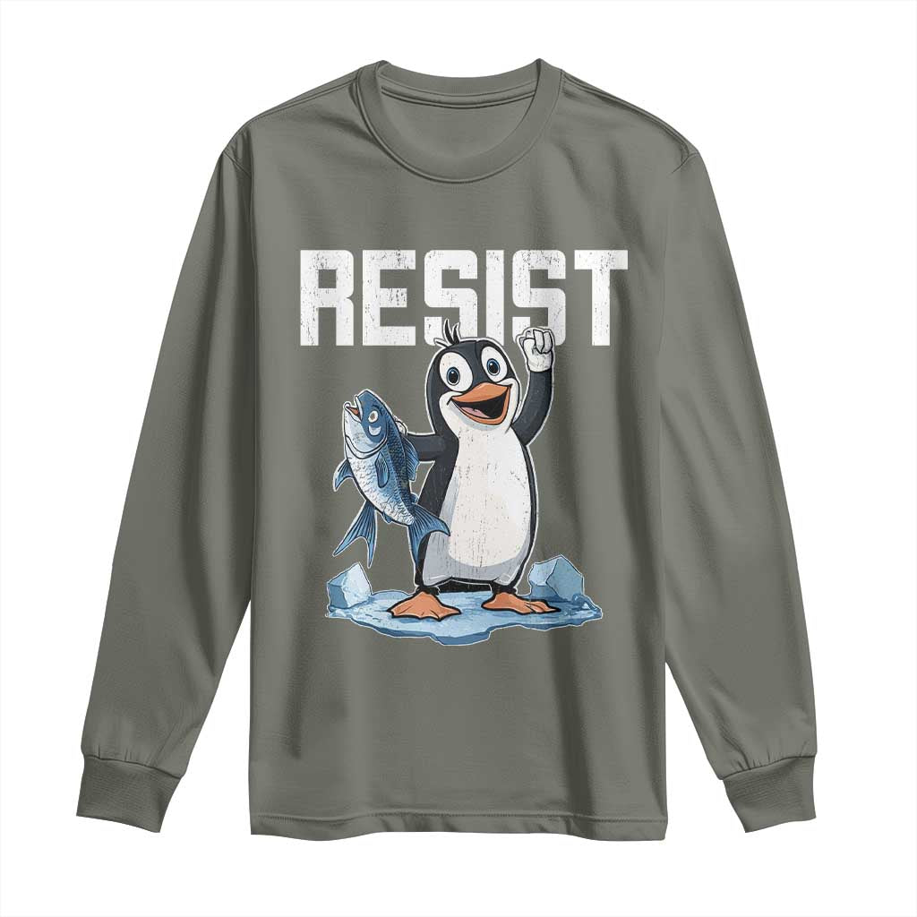 Funny Penguin Resist Long Sleeve Shirt Against Tariffs Protest TS02 Military Green Print Your Wear