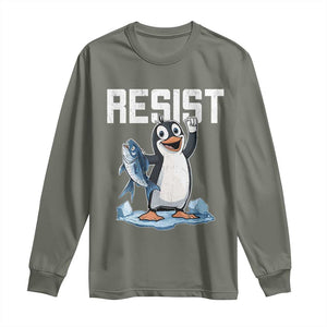 Funny Penguin Resist Long Sleeve Shirt Against Tariffs Protest TS02 Military Green Print Your Wear