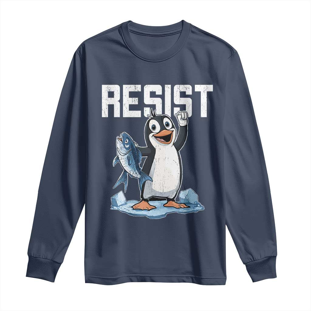 Funny Penguin Resist Long Sleeve Shirt Against Tariffs Protest TS02 Navy Print Your Wear