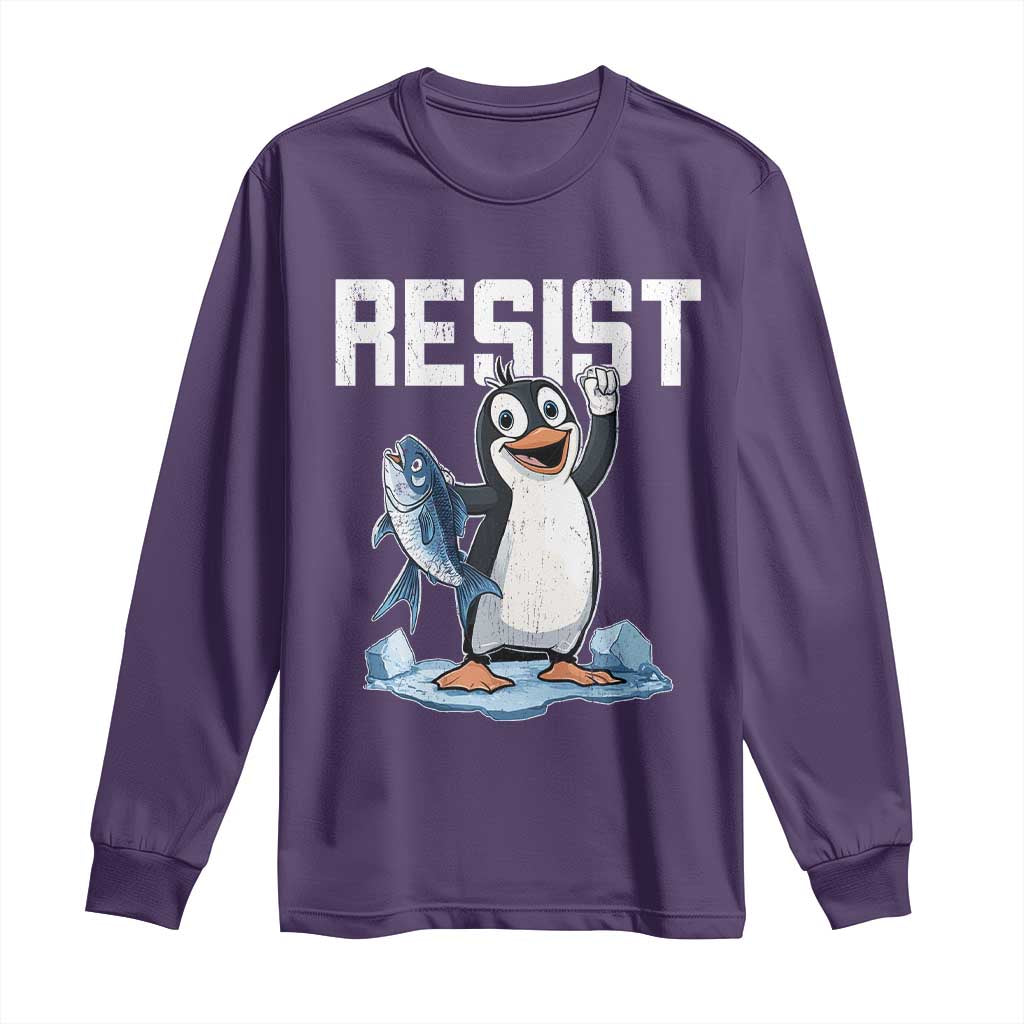 Funny Penguin Resist Long Sleeve Shirt Against Tariffs Protest TS02 Purple Print Your Wear
