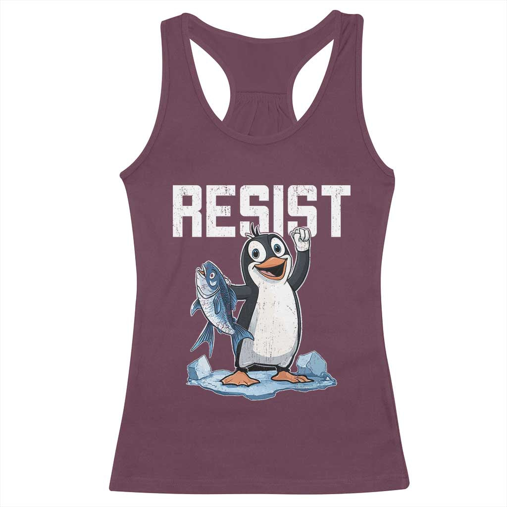 Funny Penguin Resist Racerback Tank Top Against Tariffs Protest TS02 Maroon Print Your Wear