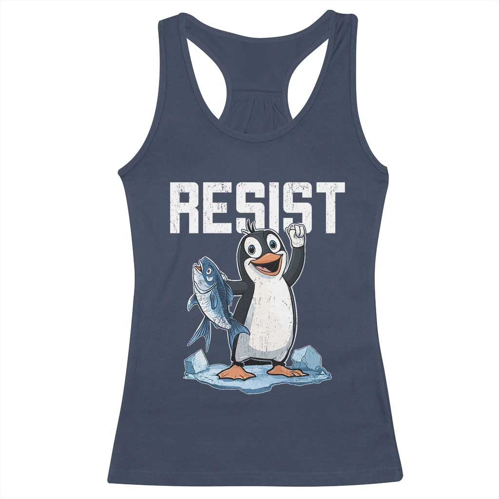 Funny Penguin Resist Racerback Tank Top Against Tariffs Protest TS02 Navy Print Your Wear