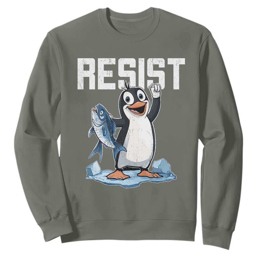 Funny Penguin Resist Sweatshirt Against Tariffs Protest TS02 Military Green Print Your Wear