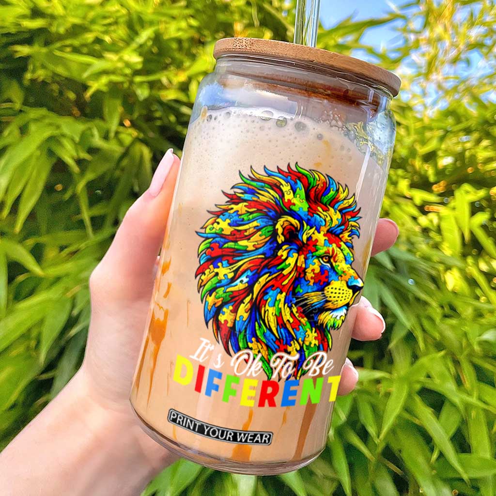 Colorful Autism Acceptance Lion Glass Can It Is Ok To Be Different Courageous Neurodiversity Support TS02 Black Print Your Wear