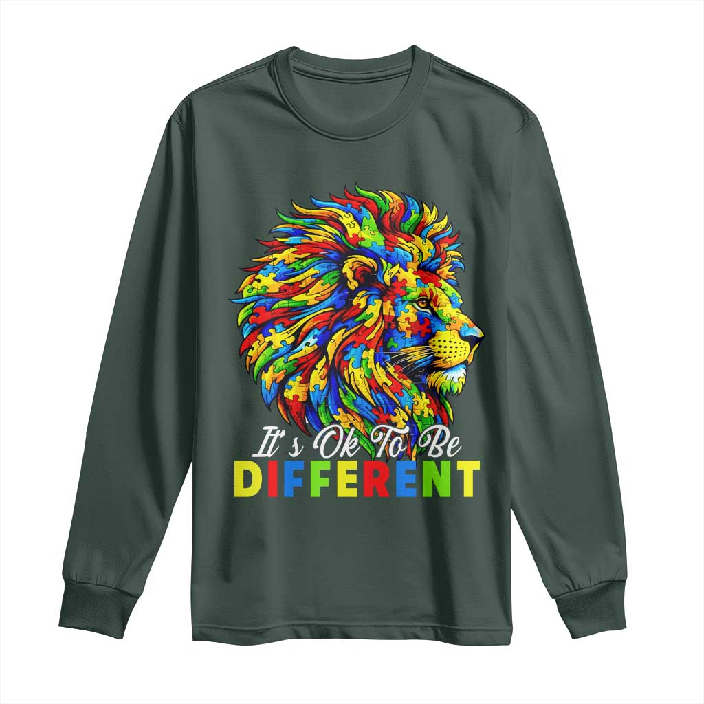 Colorful Autism Acceptance Lion Long Sleeve Shirt It Is Ok To Be Different Courageous Neurodiversity Support TS02 Dark Forest Green Print Your Wear