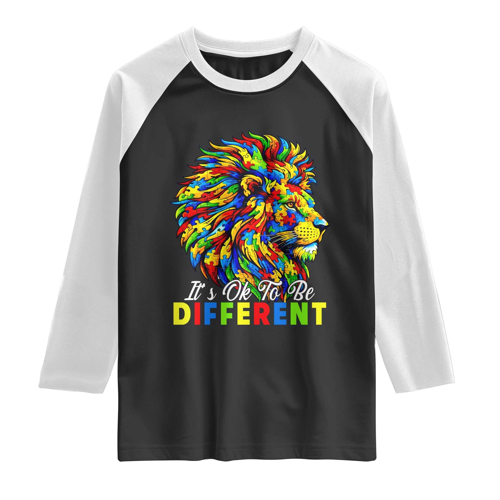 Colorful Autism Acceptance Lion Raglan Shirt It Is Ok To Be Different Courageous Neurodiversity Support TS02 Black White Print Your Wear