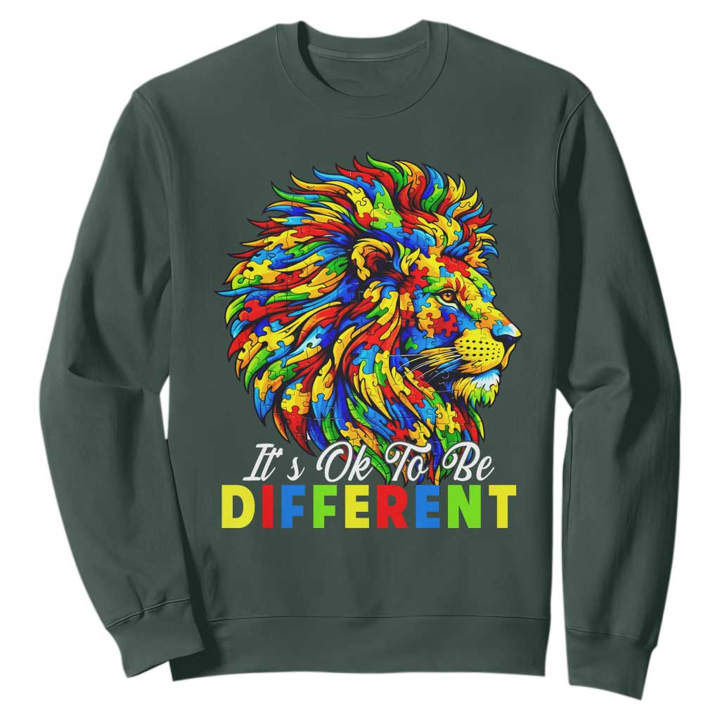 Colorful Autism Acceptance Lion Sweatshirt It Is Ok To Be Different Courageous Neurodiversity Support TS02 Dark Forest Green Print Your Wear