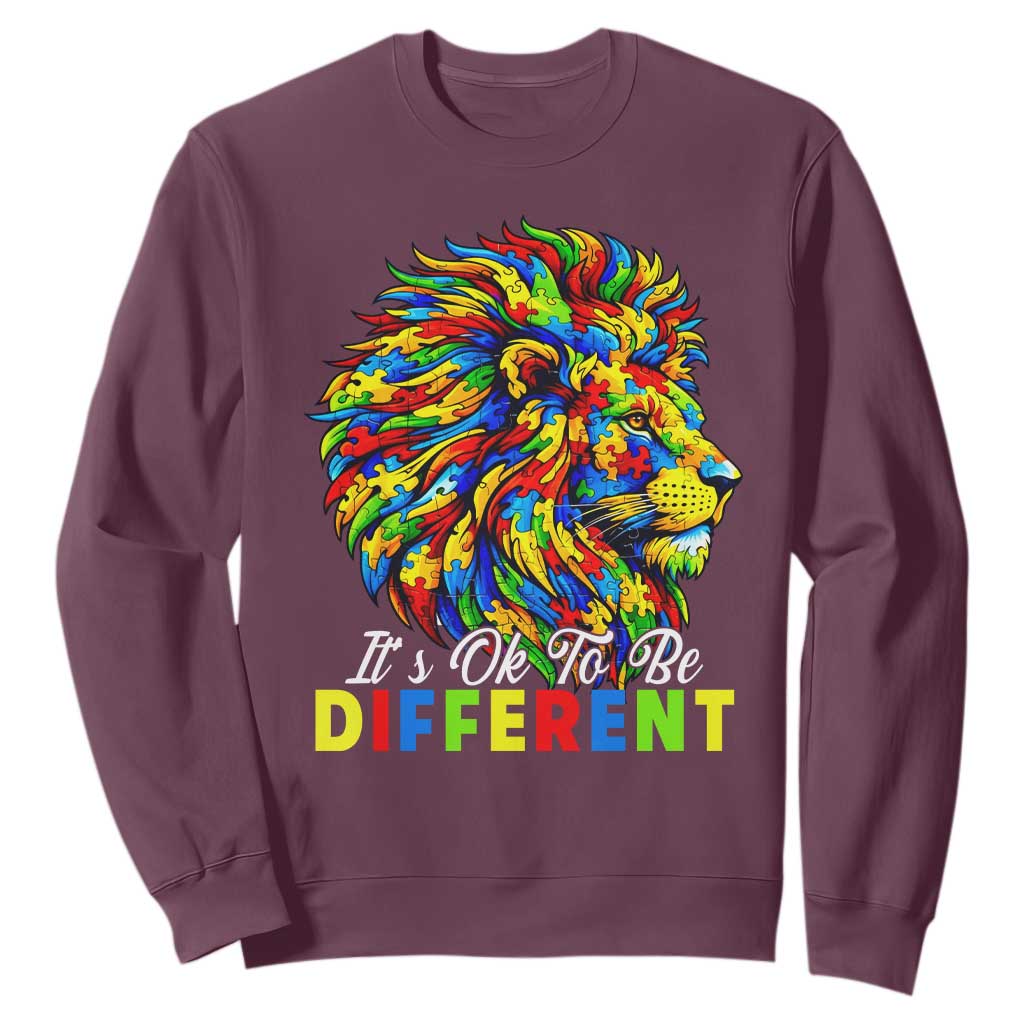 Colorful Autism Acceptance Lion Sweatshirt It Is Ok To Be Different Courageous Neurodiversity Support TS02 Maroon Print Your Wear