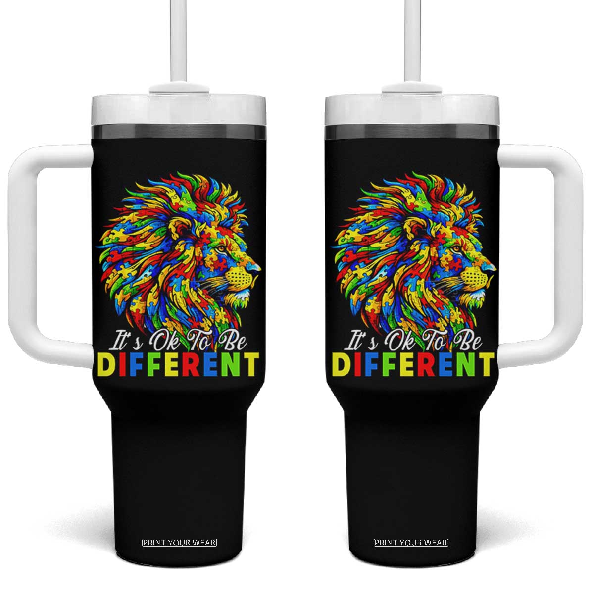 Colorful Autism Acceptance Lion Tumbler With Handle It Is Ok To Be Different Courageous Neurodiversity Support TS02 One Size: 40 oz Black Print Your Wear
