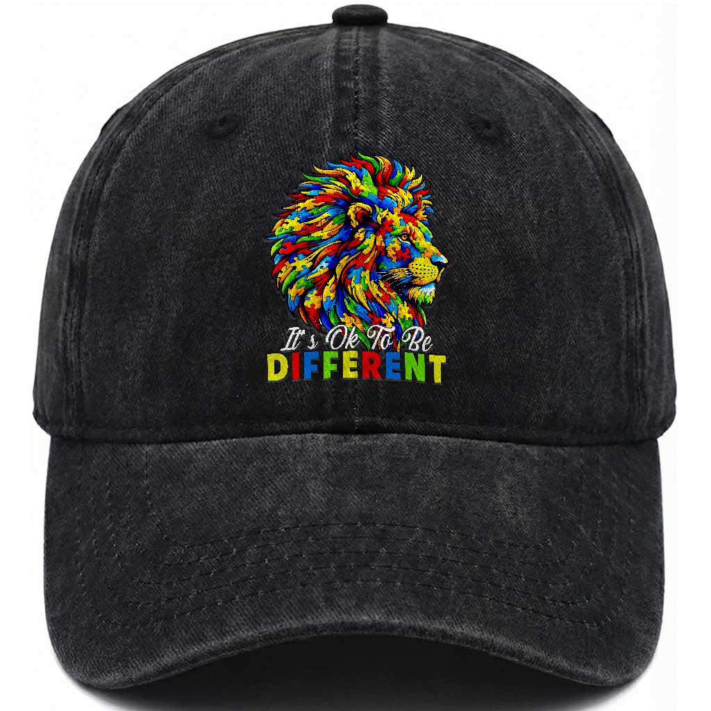 Colorful Autism Acceptance Lion Washed Cotton Baseball Cap It Is Ok To Be Different Courageous Neurodiversity Support TS02 Print Your Wear