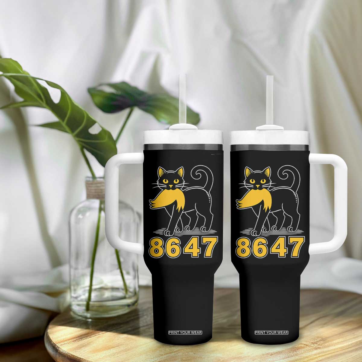 8647 Black Cat Golden Hair Prey Tumbler With Handle Funny Coded Political Satire TS02 Print Your Wear