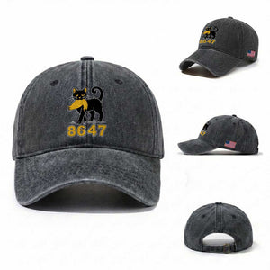 8647 Black Cat Golden Hair Prey Washed Cotton Baseball Cap Funny Coded Political Satire TS02 Washed Cap Universal Fit Dark Gray Print Your Wear