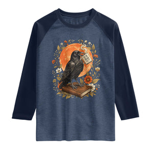 Is He Dead Yet Raven Drinking Coffee Raglan Shirt Vintage Book Political Dark Humor TS02 Heather Denim Navy Print Your Wear