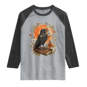 Is He Dead Yet Raven Drinking Coffee Raglan Shirt Vintage Book Political Dark Humor TS02 Heather Gray Heather Charcoal Print Your Wear