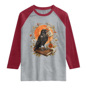 Is He Dead Yet Raven Drinking Coffee Raglan Shirt Vintage Book Political Dark Humor TS02 Heather Gray Heather Red Print Your Wear