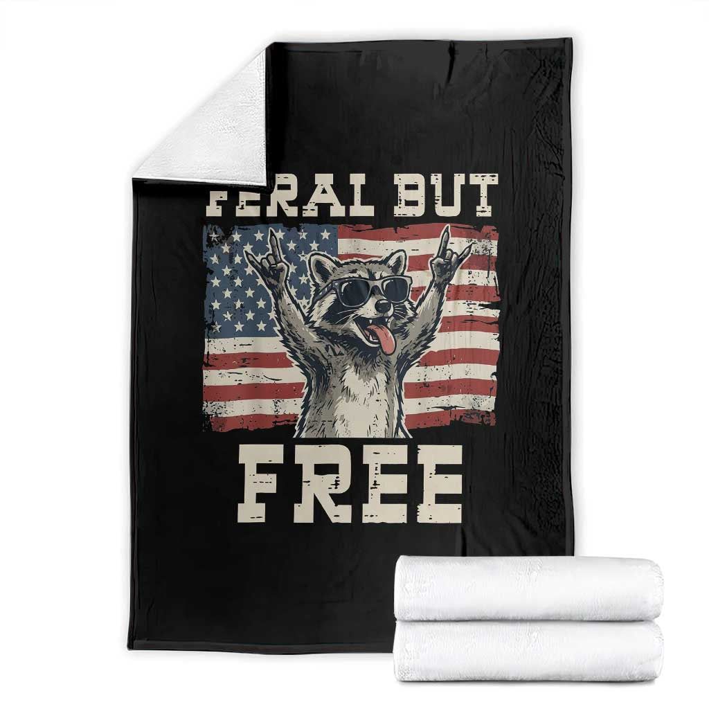 Feral But Free Funny Raccoon Patriotic Throw Blanket Cool American Flag Sunglasses Rock On Hand Signs Vintage USA Flag TS02 Black Print Your Wear