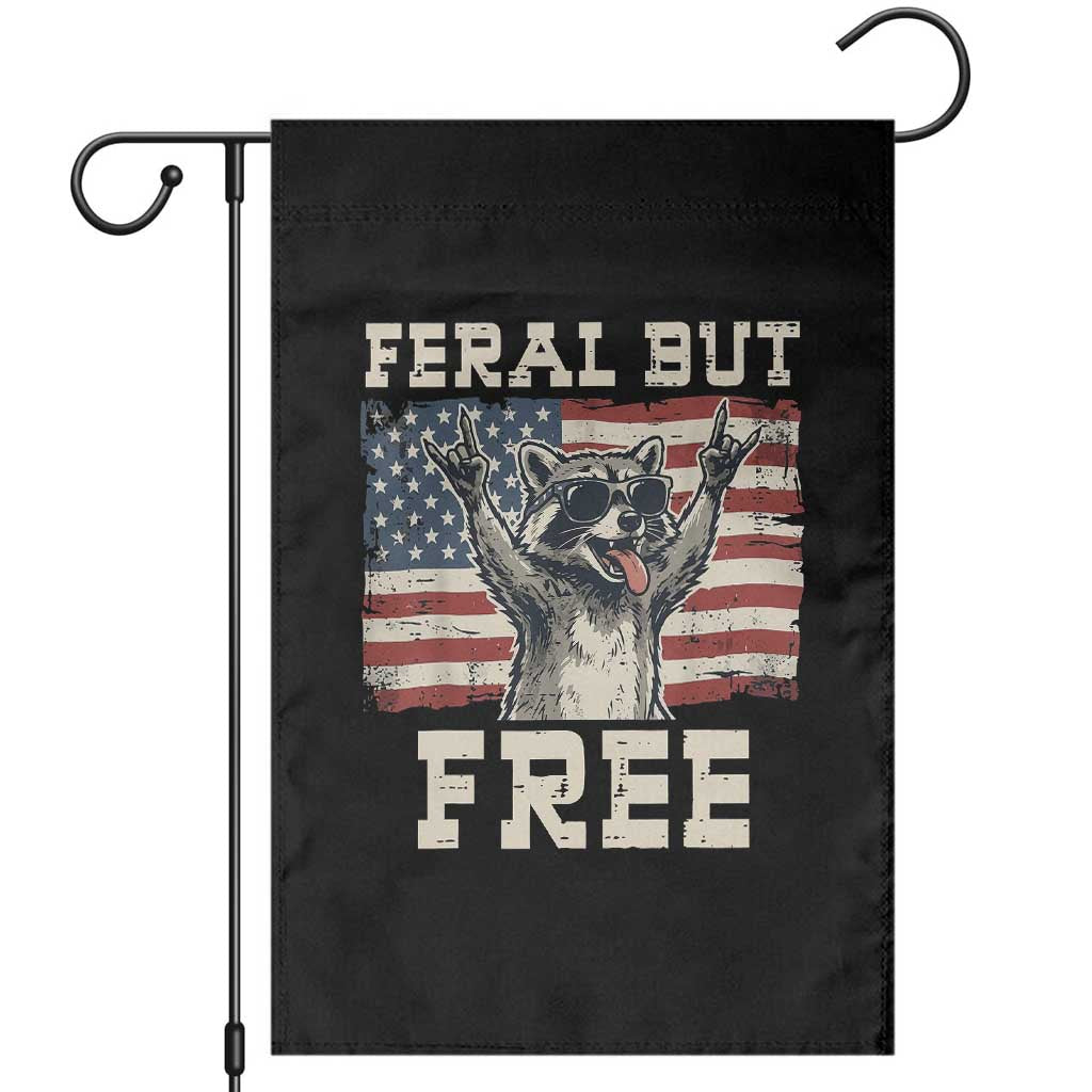 Feral But Free Funny Raccoon Patriotic Garden Flag Cool American Flag Sunglasses Rock On Hand Signs Vintage USA Flag TS02 Black Print Your Wear