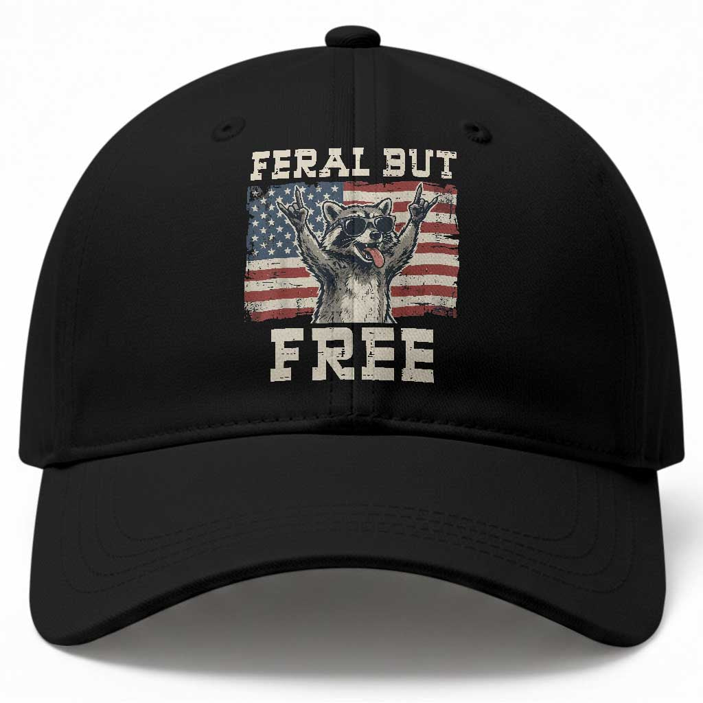 Feral But Free Funny Raccoon Patriotic Baseball Cap Cool American Flag Sunglasses Rock On Hand Signs Vintage USA Flag TS02 Print Your Wear