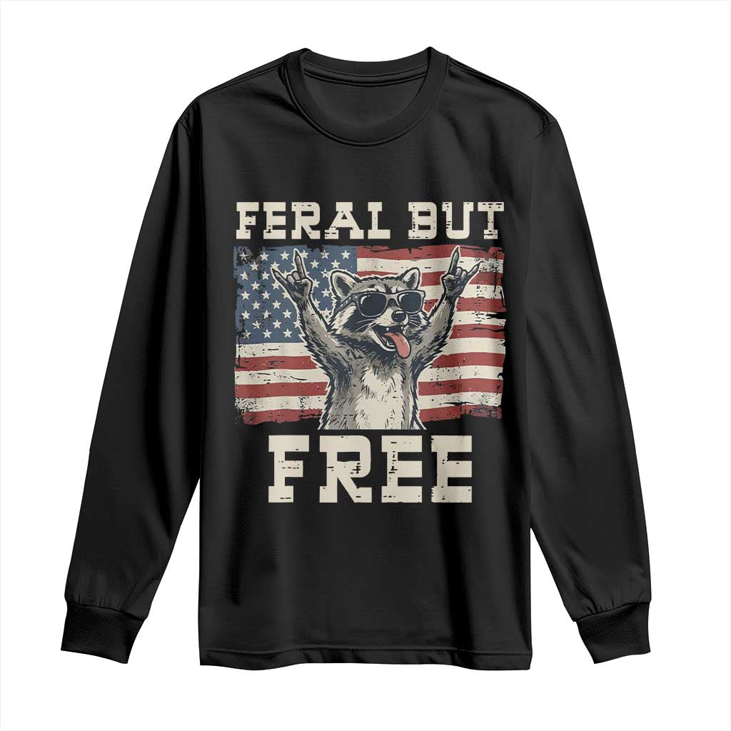 Feral But Free Funny Raccoon Patriotic Long Sleeve Shirt Cool American Flag Sunglasses Rock On Hand Signs Vintage USA Flag TS02 Black Print Your Wear