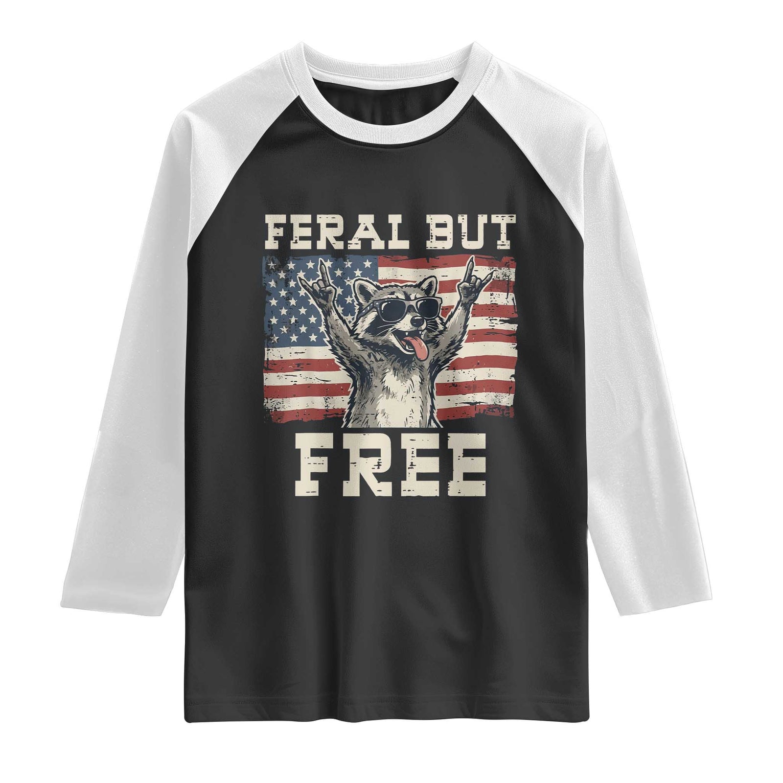 Feral But Free Funny Raccoon Patriotic Raglan Shirt Cool American Flag Sunglasses Rock On Hand Signs Vintage USA Flag TS02 Black White Print Your Wear