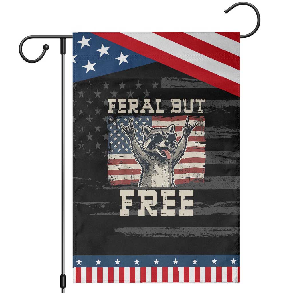 Feral But Free Funny Raccoon Patriotic Garden Flag Cool American Flag Sunglasses Rock On Hand Signs Vintage USA Flag TS02 Distressed Black Blue Print Your Wear