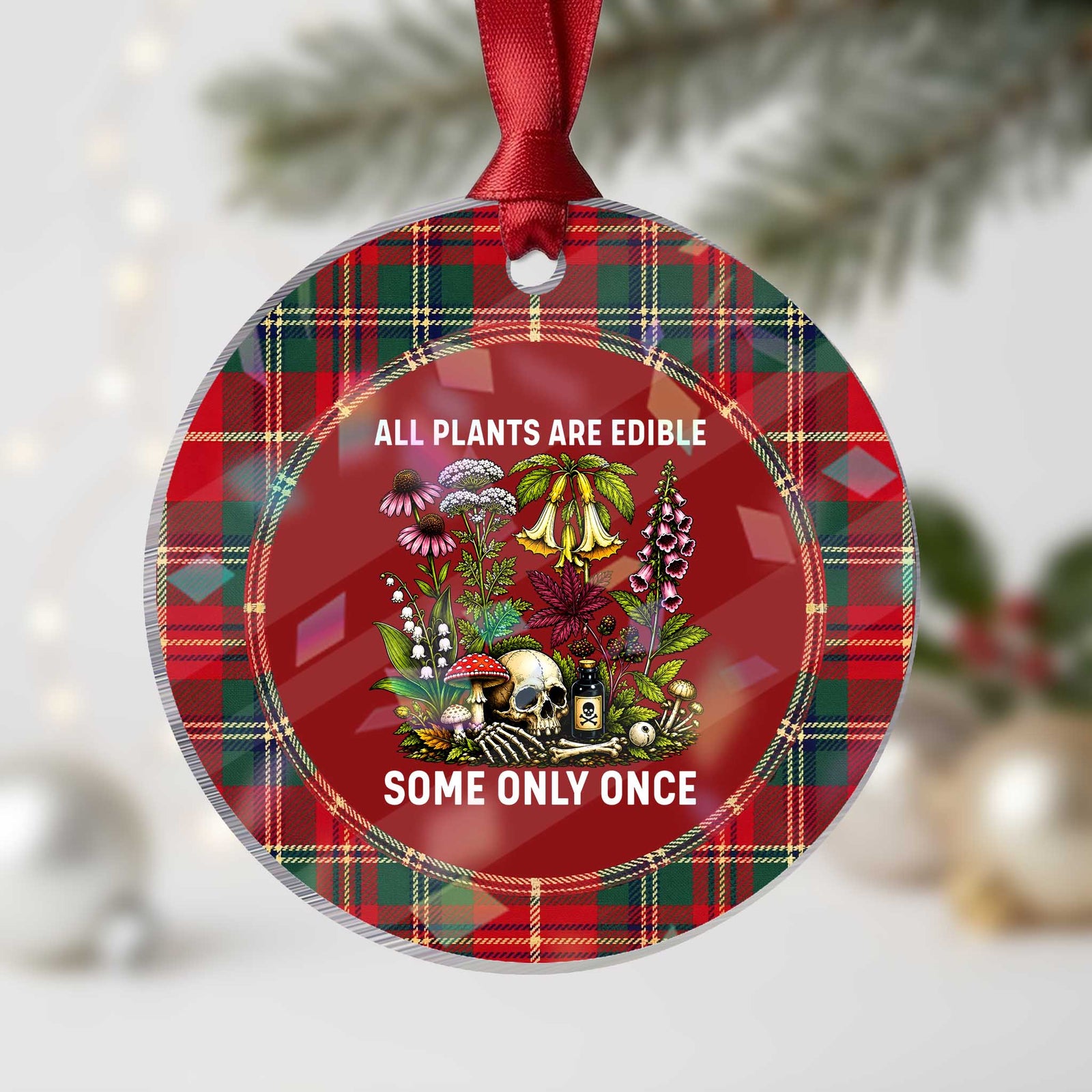Funny Botanical Foraging Skull Dark Humor Holographic Acrylic Ornament All Plants Are Edible Some Only Once Botany Cottagecore