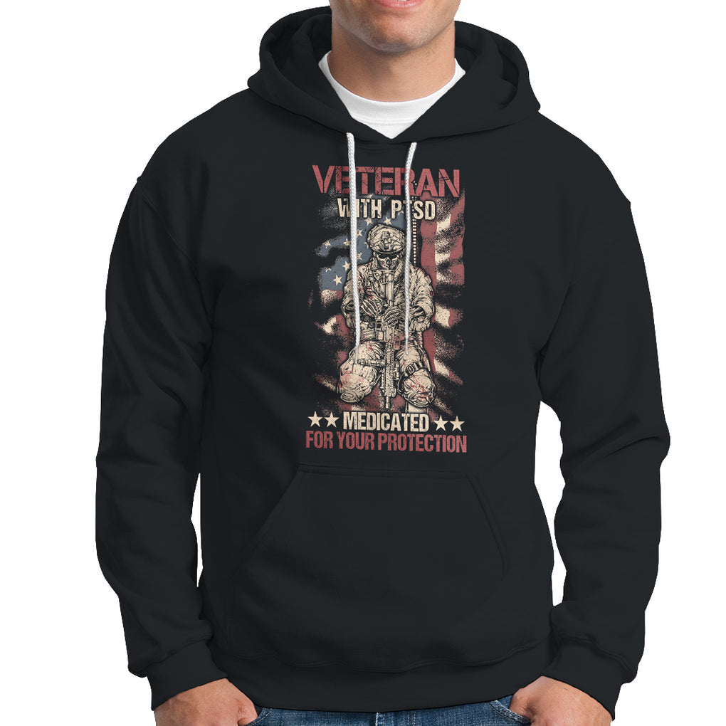 Veteran PTSD Hoodie Medicated For Your Protection American Flag Skeleton Soldier TS02 Dark Heather Printyourwear