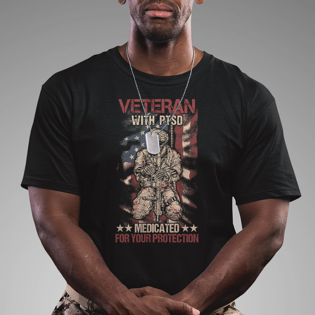 Veteran PTSD T Shirt Medicated For Your Protection American Flag Skeleton Soldier TS02 Dark Heather Printyourwear