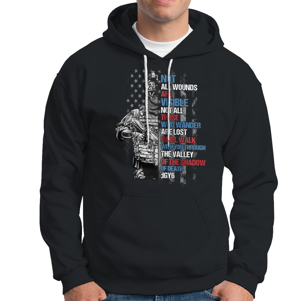 Veteran PTSD Hoodie Not All Wounds Are Visible Not All Those Who Wander Are Lost American Flag Soldier TS02 Dark Heather Printyourwear