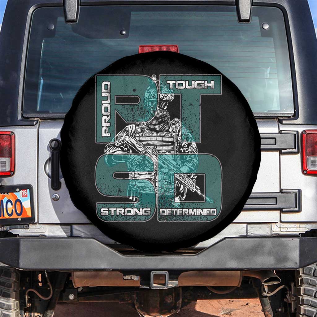 Veteran PTSD Spare Tire Cover Proud Tough Strong Determined Teal Ribbon TS02 No hole Black Print Your Wear