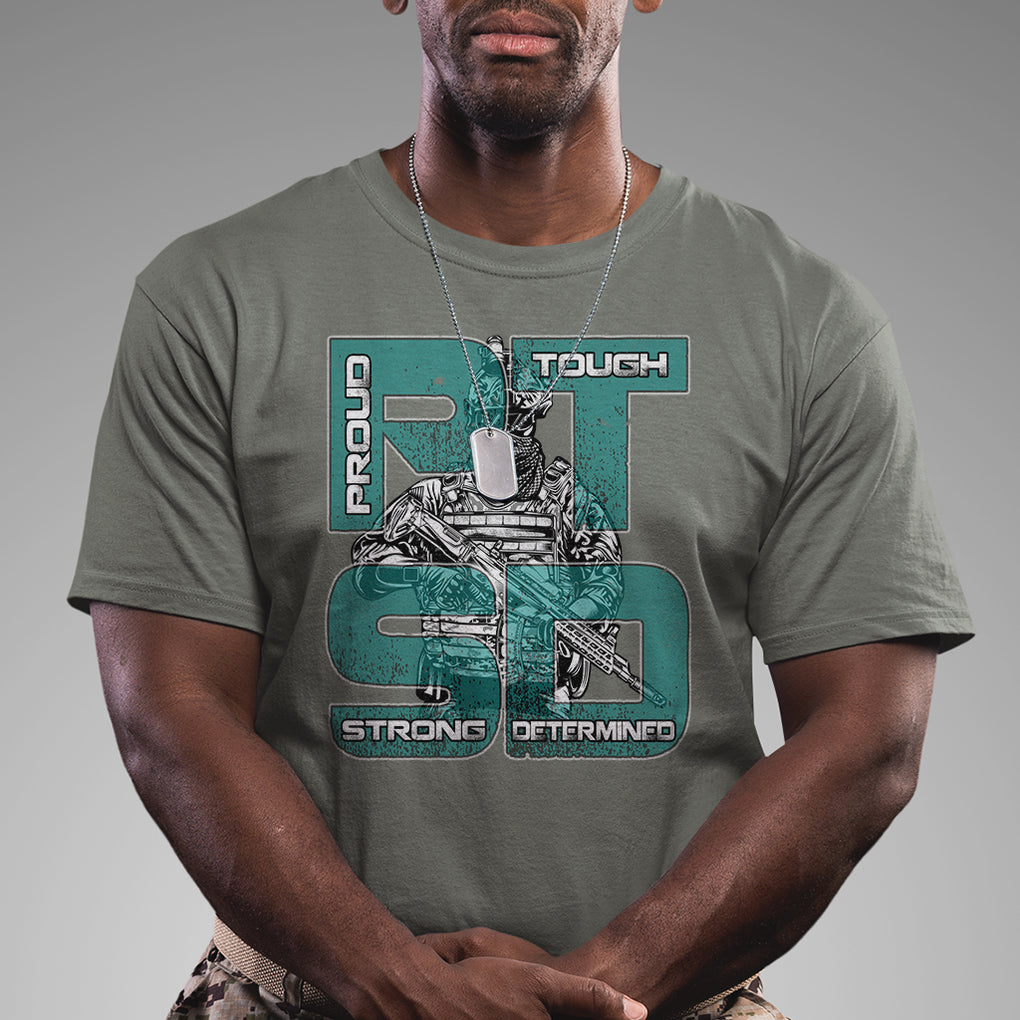 Veteran PTSD T Shirt Proud Tough Strong Determined Teal Ribbon TS02 Printyourwear