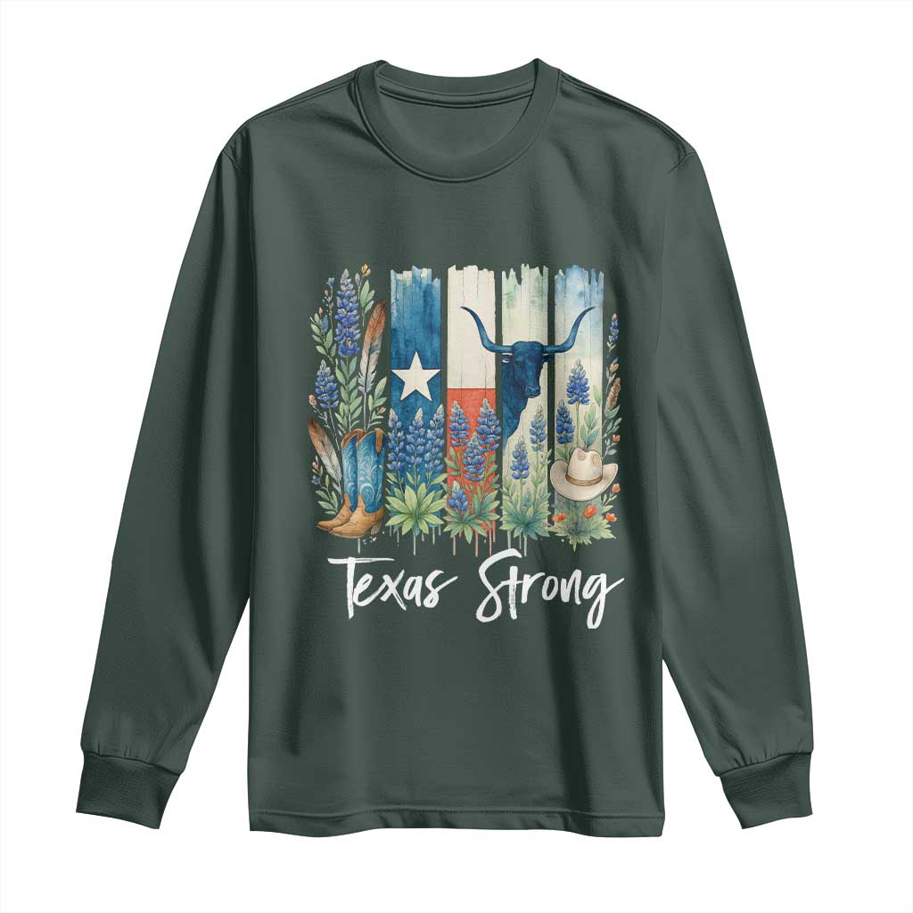 Retro Strong Texas Long Sleeve Shirt Bluebonnets Longhorn Cowboy Western Pride TS02 Dark Forest Green Print Your Wear